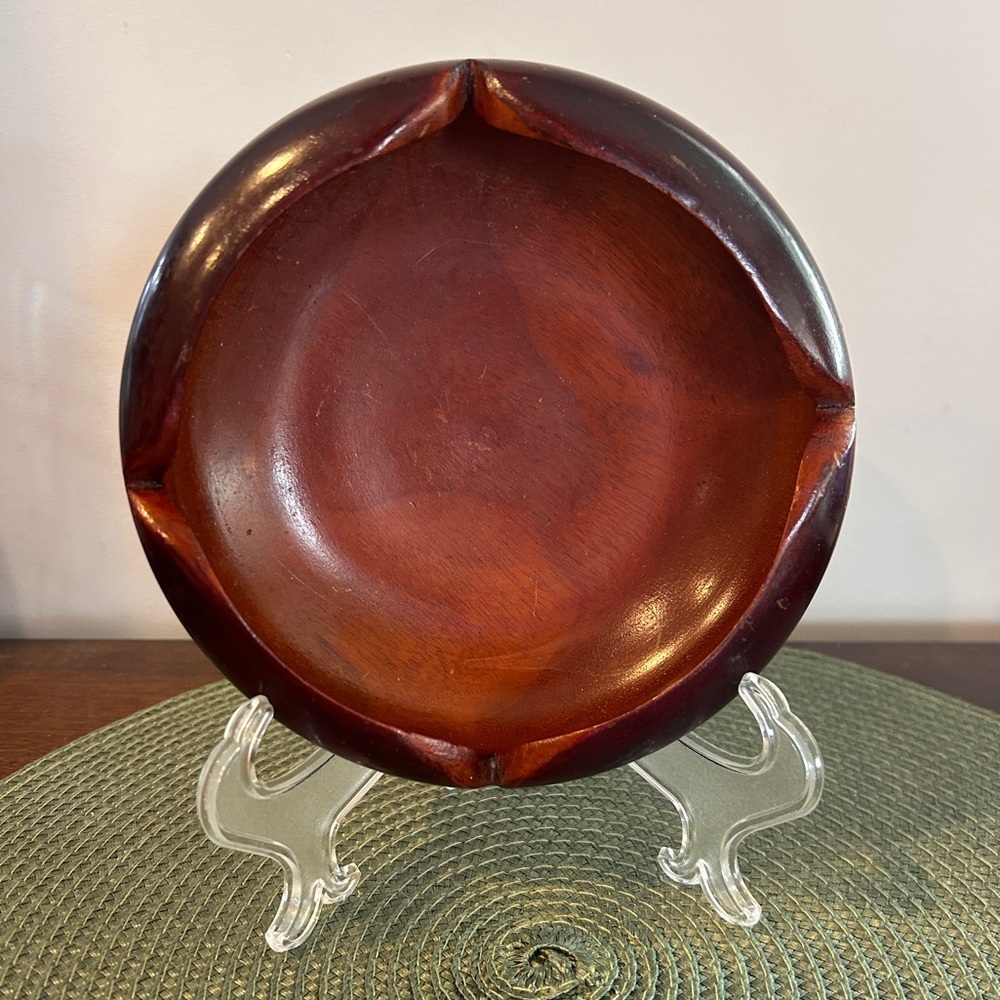 Vintage HAITI Hand Made Turned Solid Mahogany Wooden Bowl Scalloped Edge and Tag